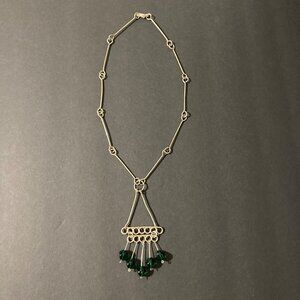 Vintage Statement Artisan Necklace Silver Tone Green Glass Bead